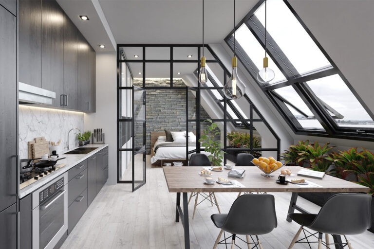Rendering interni, mini appartamento stile moderno, con cucina a vista, tavolo da pranzo e camera da letto con vetrata a vista.