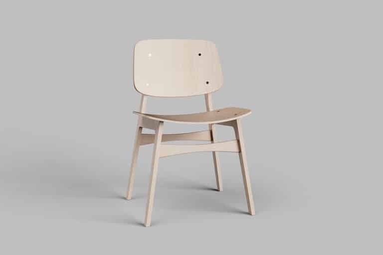 Rendering di prodotto, sedia di design fatta interamente di legno.